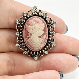 Vintage Style Victorian Pink Cameo Small Dainty Brooch Gold-Tone Rhinestones